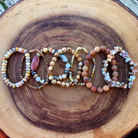 Natural Multicolored Agate, Amazonite & Unakite Gemstone Mix Bead Bracelet Stack - Picture 6 of 10